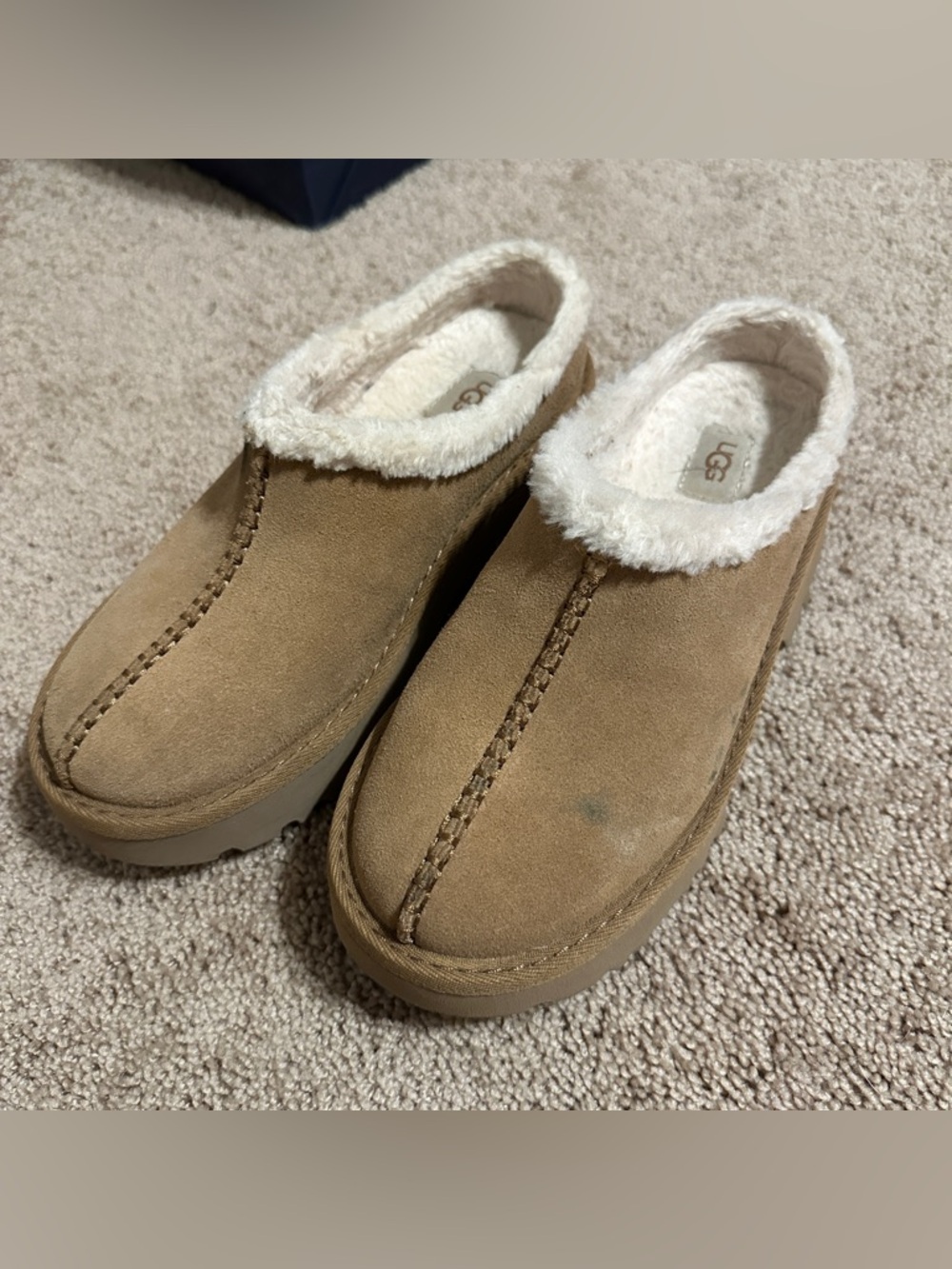 UGG Chestnut Suede Shearling-Trim Slip-On Clogs